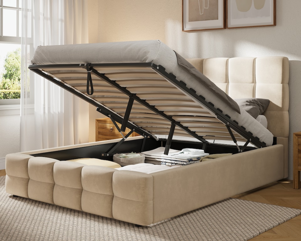 image 1 of Ezysleep Windsor Soft Touch Velvet Upholstered Gas Lift Ottoman Bed Frame | Cream | Cream