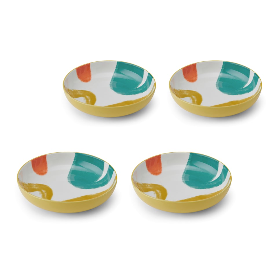 image 1 of Mikasa Set of 4 Yellow Abstract 2 Toned Stoneware Pasta Bowls