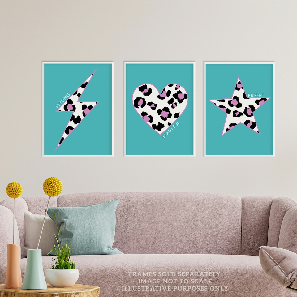 image 1 of Set of 3 Purple Leopard Pattern Heart Lightning Star Turquoise Wall Art Print A4