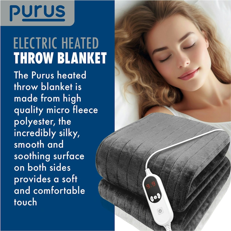 image 1 of Purus Electric Heated Fleece Blanket Throw 160x120cm - Grey
