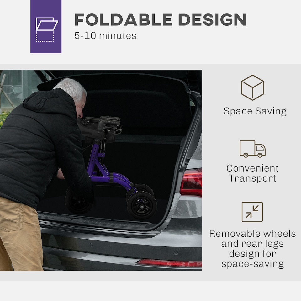 image 1 of HOMCOM Folding Rollator Walker with Seat, Backrest, Lightweight Walking Frame with Storage Bag, Dual Brakes, All-terrain Wheels, Adjustable Handle Height, 4 Wheeled Walker for Seniors, Purple