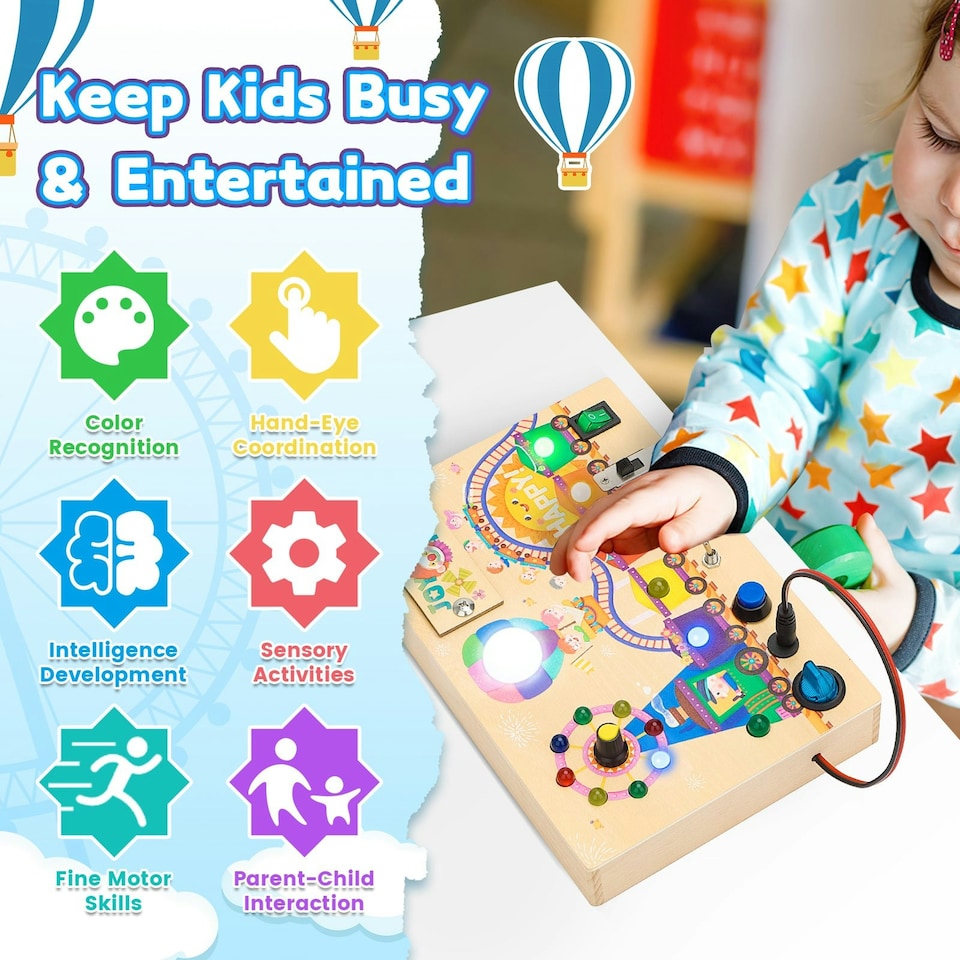 image 1 of Montessori Wooden Busy Board Light Up Sensory Activity Toy for Toddlers Fine Motor Skills Learning Toy for Ages 1 to4