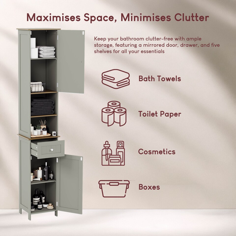 image 1 of Bath Vida Priano 2 Door Tall Bathroom Cabinet With Mirror, Grey & Oak