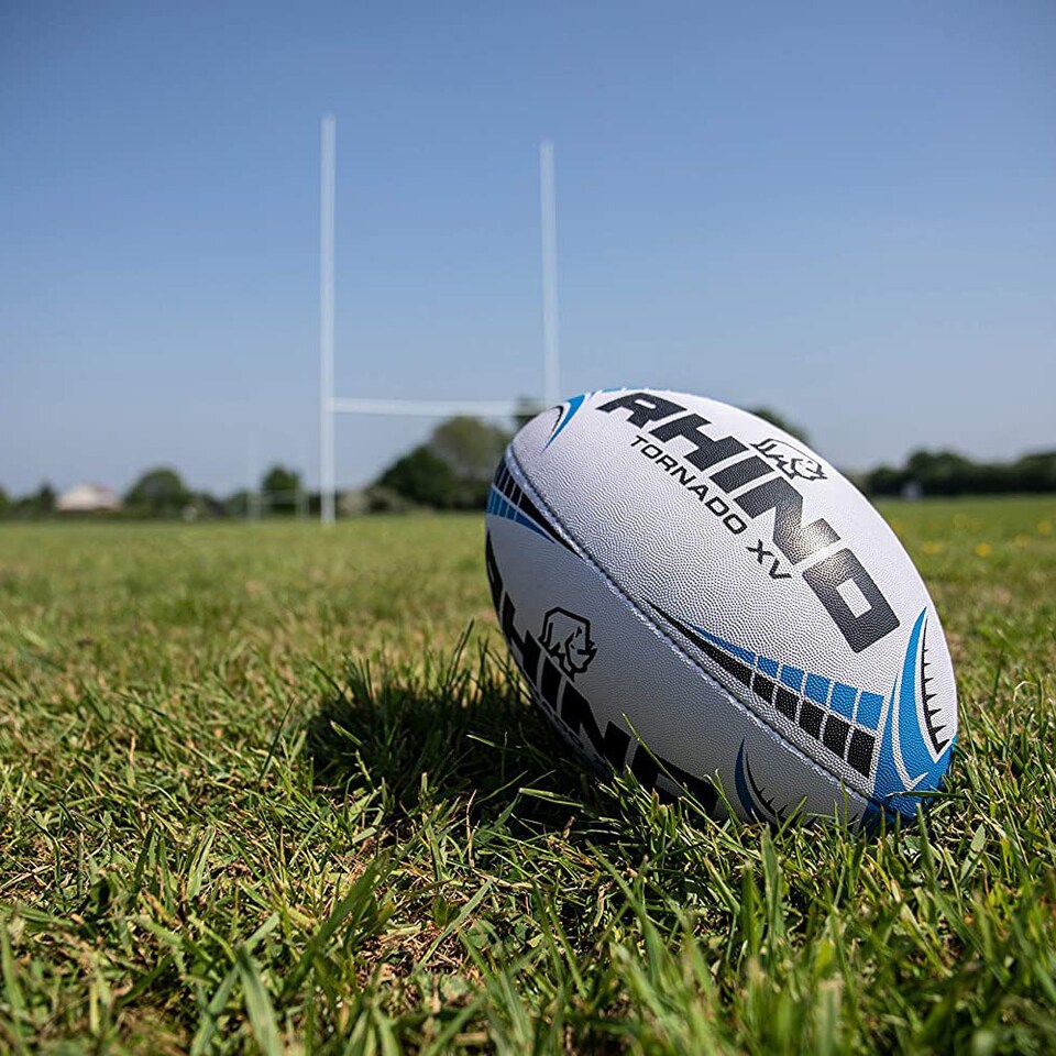 image 1 of Rhino Tornado XV Rugby Ball | White | White/Blue/Black | 4 | 1