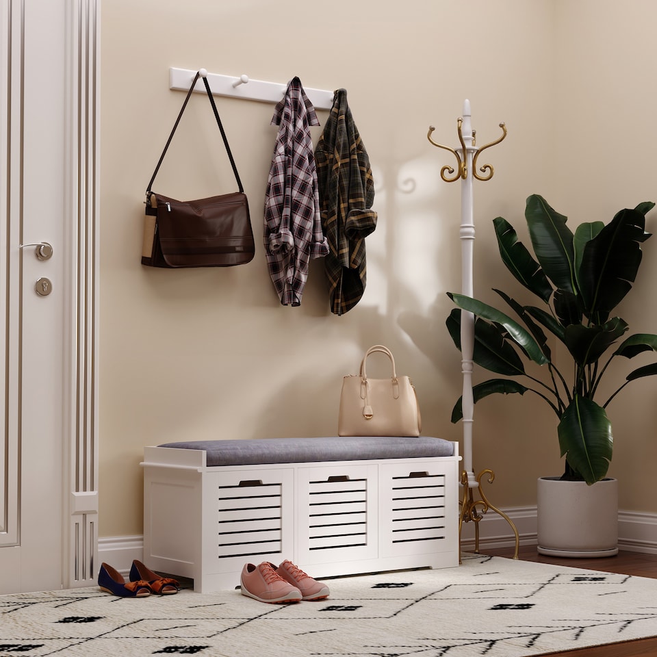 image 1 of HOMCOM 3-Door Shoe Storage Bench Cushion Seat Slatted Doors, White