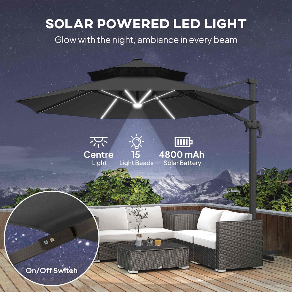 image 1 of Outsunny 3 m Cantilever Roma Parasol with LED Solar Lights, Crank and Tilt, Aluminium Frame, Cross Base and Adjustable Canopy 360 Rotating Sun Umbrella with 2Tier Shade, Grey