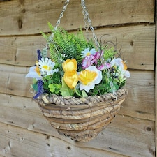 Best Artificial White Mixed Meadow Flower Display in 10 inch Woven Decorative Hanging Basket (Fern Centre)