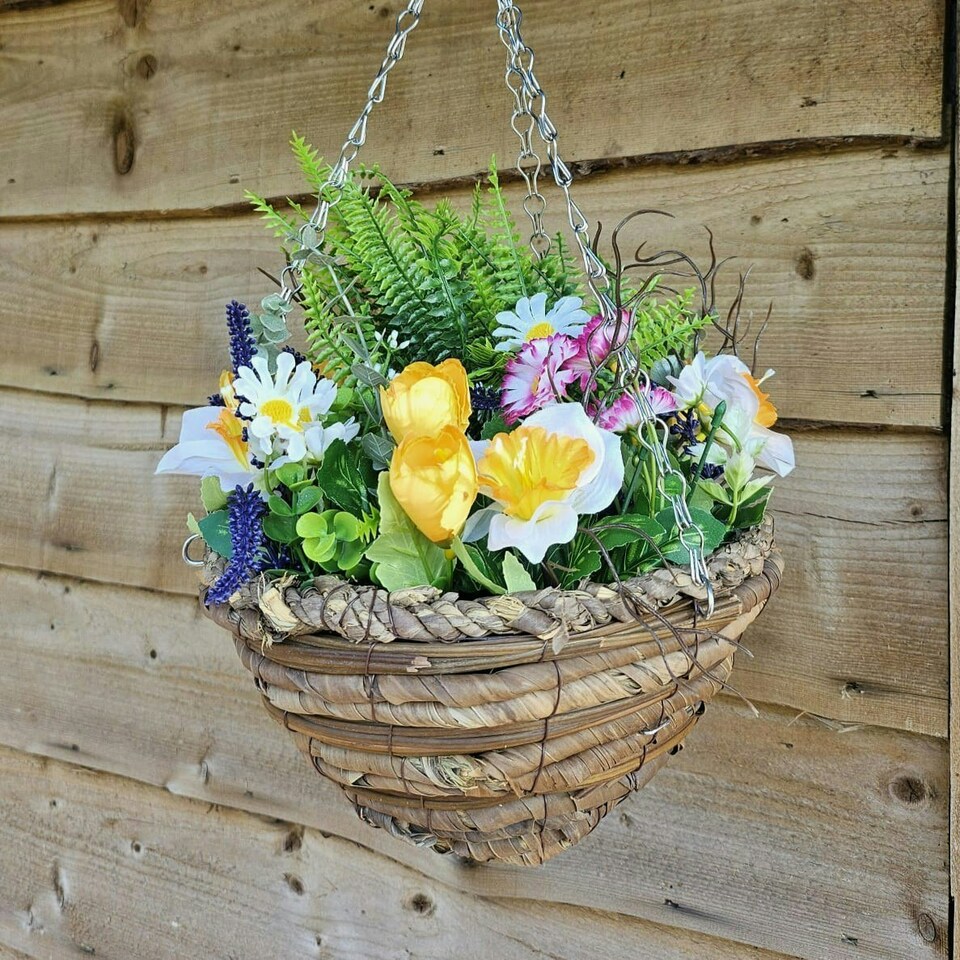 Best Artificial White Mixed Meadow Flower Display in 10 inch Woven Decorative Hanging Basket (Fern Centre)