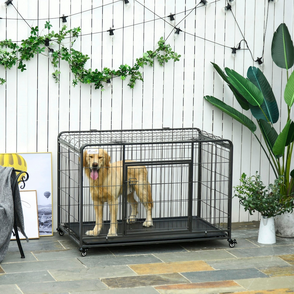 image 1 of PawHut 81x125cm Metal Dog Cage Kennel w/ Locking Door & Wheels Extra Large Pets