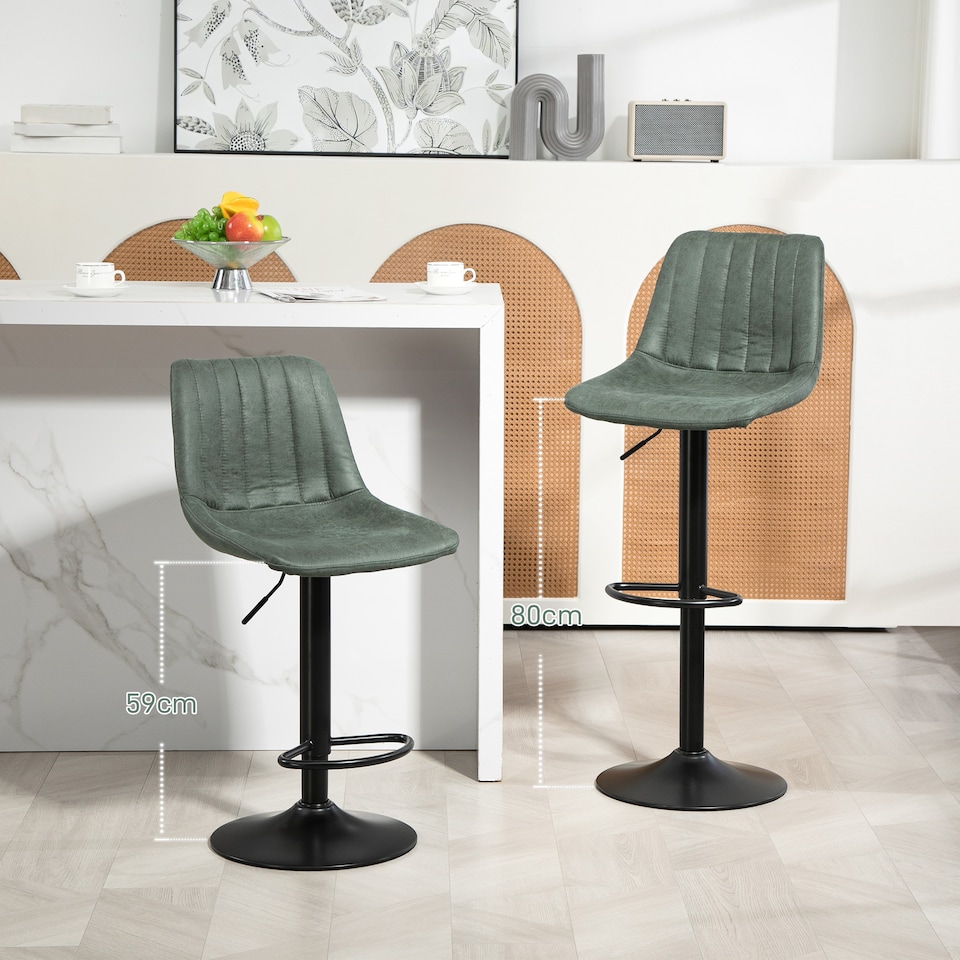 image 1 of HOMCOM Bar Stools Set of 2 Adjustable Swivel Bar Chairs with Backrest Green