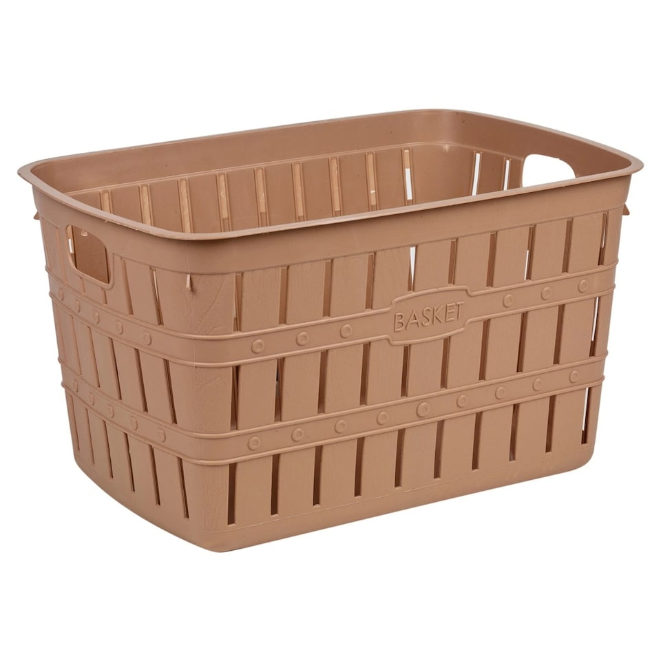image 1 of 20L Plastic Bamboo Look Basket Laundry Clothes Storage Sorter Hamper with Handles | Multi | Cappuccino