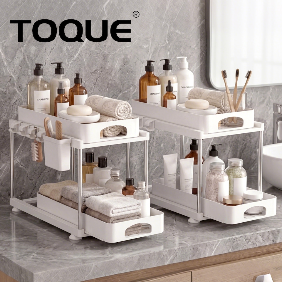 image 1 of Toque Under Sink Organiser Two Slide-Out Drawers Kitchen Storage 2pcs White