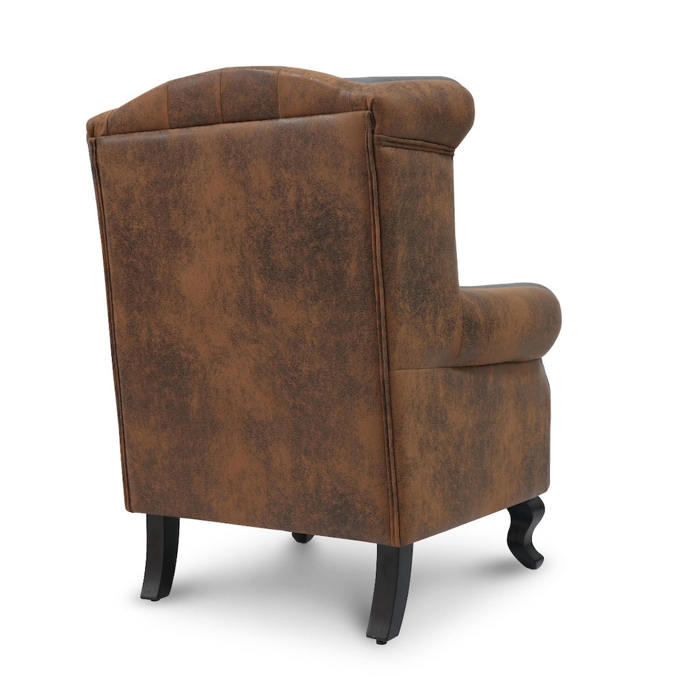 image 1 of Faux Leather Brown Suede Balmoral Wing Back Chair with Buttons