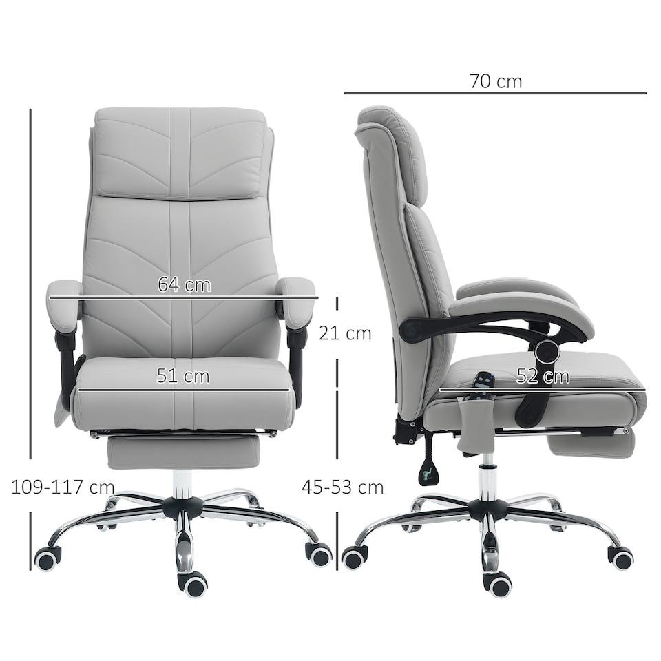 image 1 of Vinsetto Office Chair with 4-point Vibration Massage and Heat, PU Leather High Back Recliner Desk Chair with Adjustable Height, Armrest, Footrest, Swivel Computer Chair for Home, Light Grey