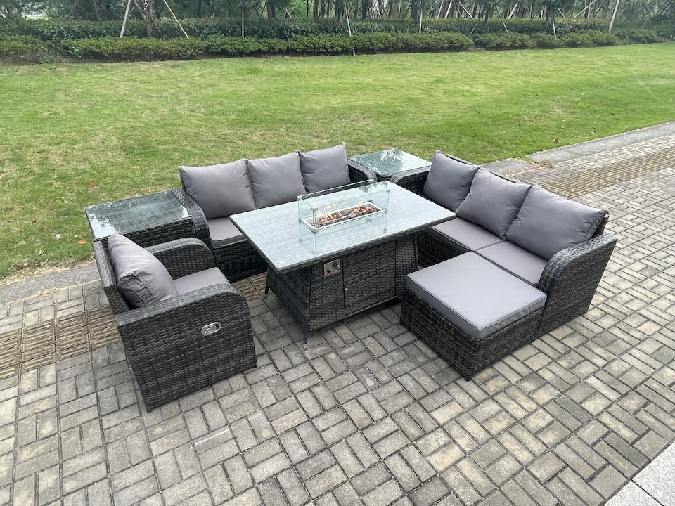 image 1 of Fimous Rattan Outdoor Furniture Gas Fire Pit Rectangle Dining Table Gas Heater Reclining Chair 3 Seater Sofa Sets with Big Footstool 2 Side Tables 8 Seater