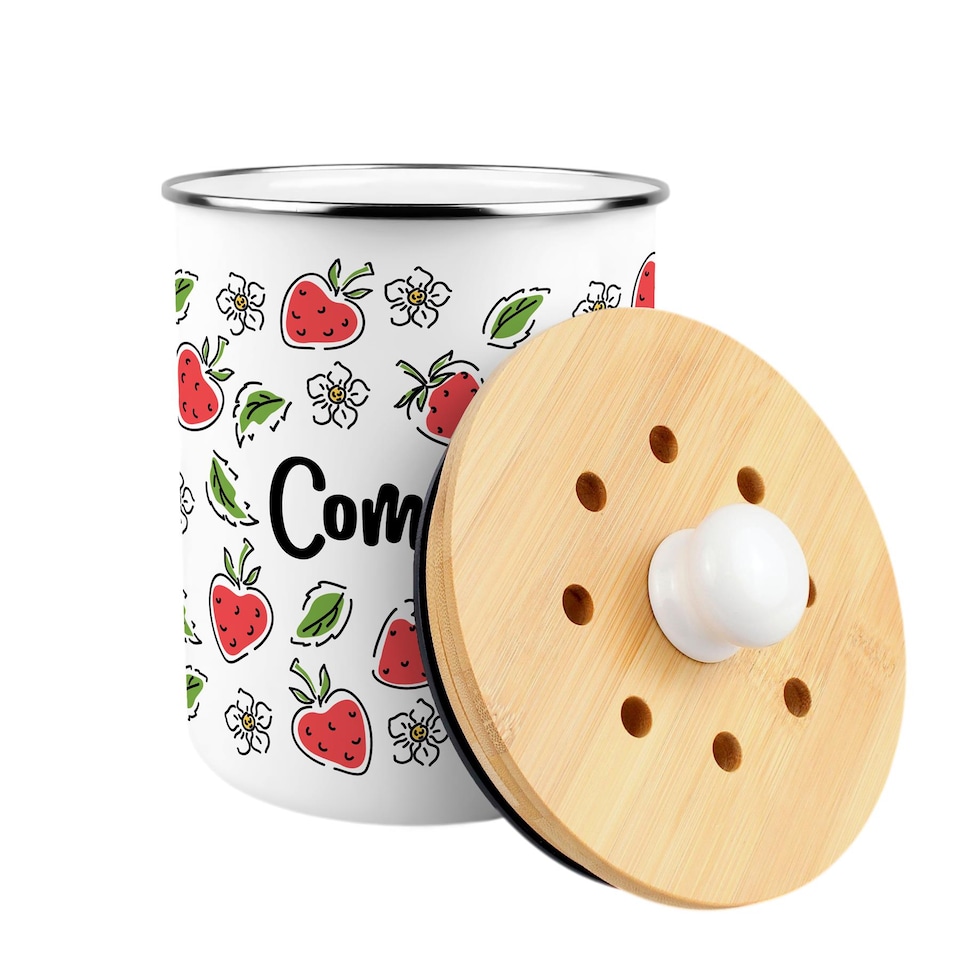 image 1 of Strawberry Flowers Compost Caddy - Metal 2L Decorative Kitchen Food Waste Bin