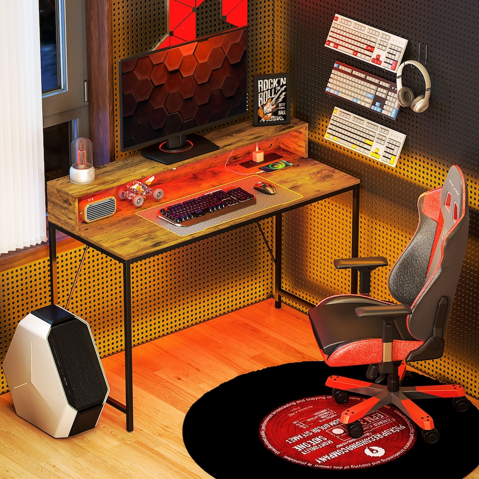 image 1 of HOMCOM 120cm Computer Desk with LED Lights and Power Outlets, Gaming Desk with Monitor Stand, Computer Table with Remote for Home Office Study, Rustic Brown | Brown