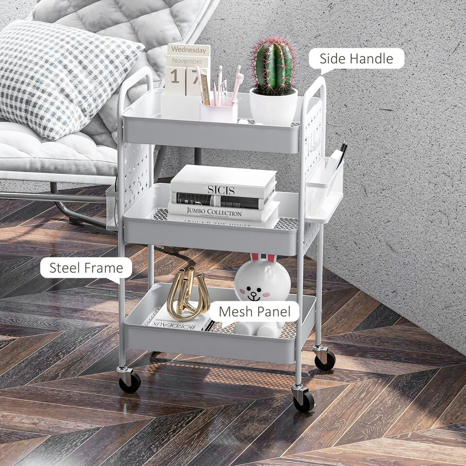 image 1 of HOMCOM Rolling Utility Cart with 3 Mesh Basket, 2 Boxes, 6 Hooks for Kitchen