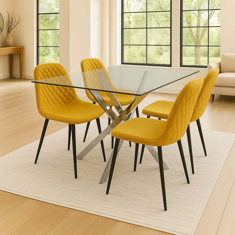 image 1 of Modern Round Glass Dining Table Set with 4 Mustard Leather Chairs Dining Room Furniture