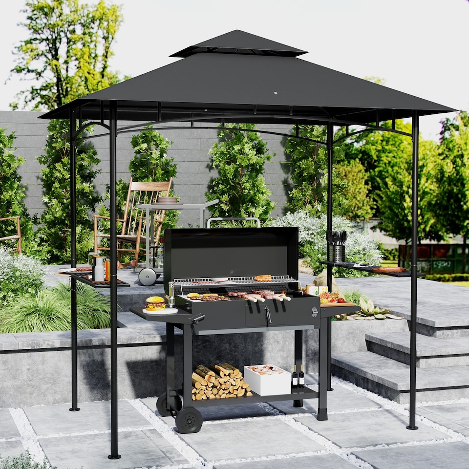 image 1 of Outsunny 2.4 x 1.5 m Grill Gazebo Canopy with LED Lights, Double Tiered Outdoor BBQ Gazebo Shelter with 2 Side Shelves, Storage Basket and Hooks for Garden, Barbecue, Picnic, Dark Grey