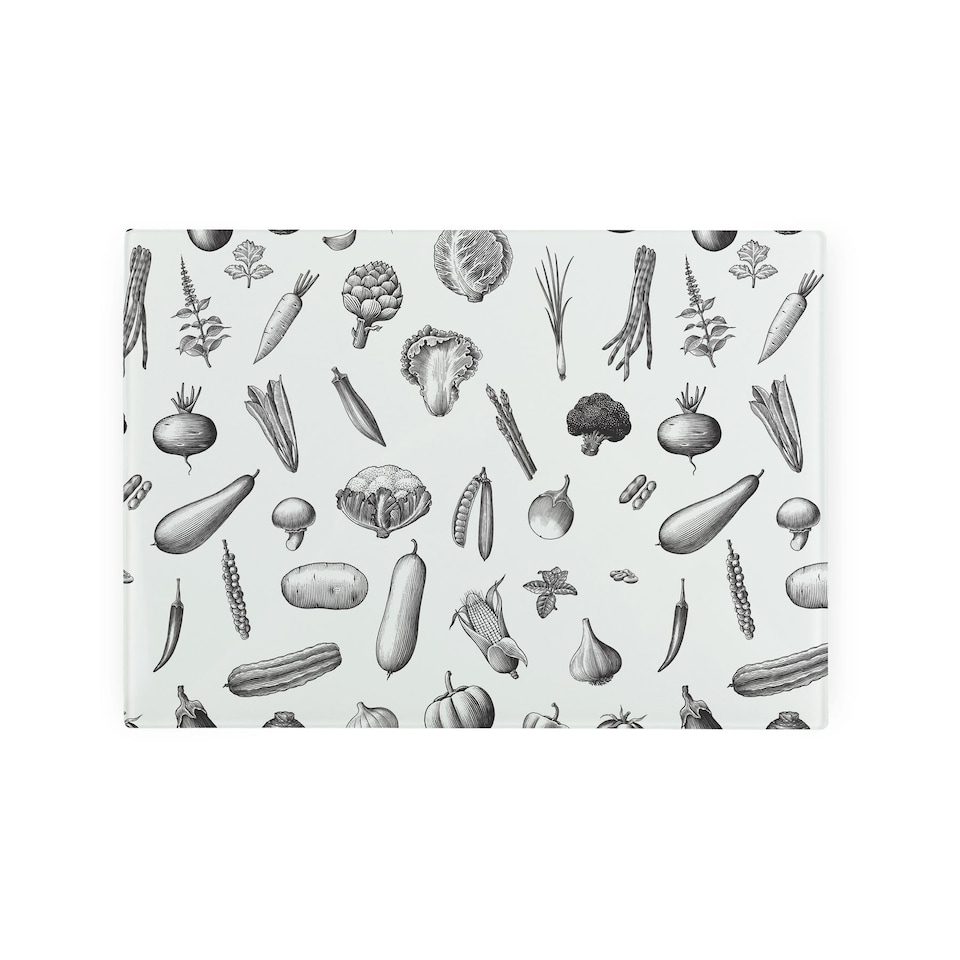 image 1 of Black & White Vegetables Smooth Glass Worktop Saver - Small Chopping Board