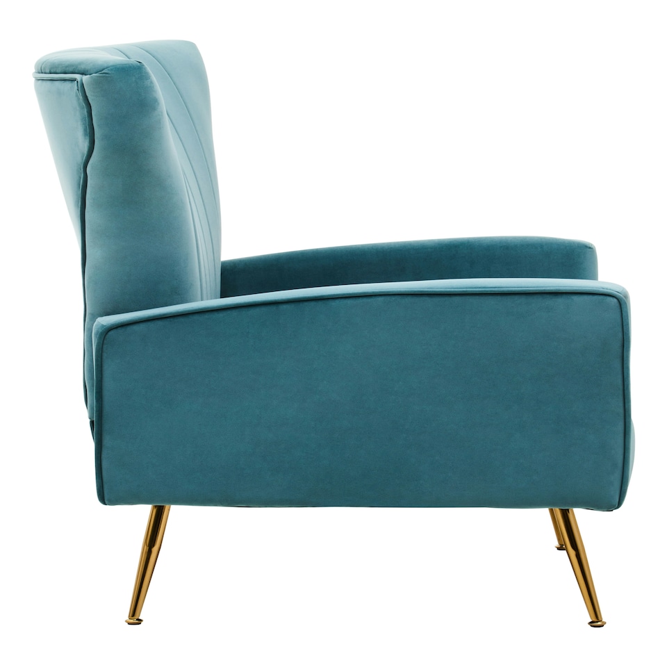 image 1 of Interiors by Premier Green Velvet Chair with Gold Finish Legs, Vertical Channel Tufted Comfort Seat, Winged-Back Velvet Armchair Green