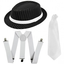 Gangster Set- Pinstripe Trilby Hat, Tie & Braces (White) | White | One Size