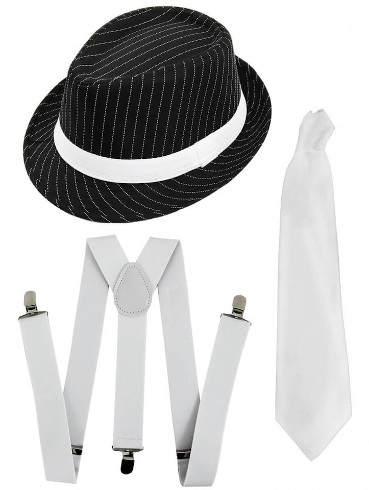 image 1 of Gangster Set- Pinstripe Trilby Hat, Tie & Braces (White) | White | One Size