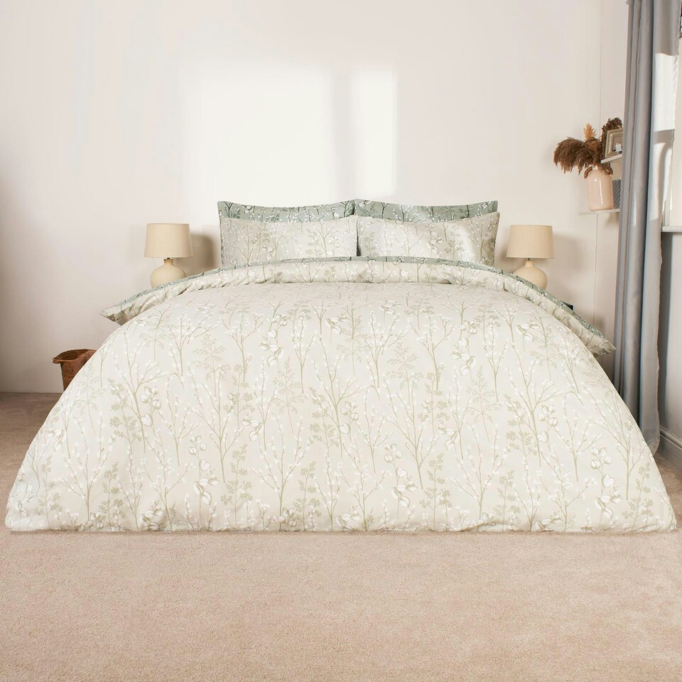 image 1 of OHS Willow Print Reversible Duvet Cover and Pillowcase Set, Super King - Sage Green