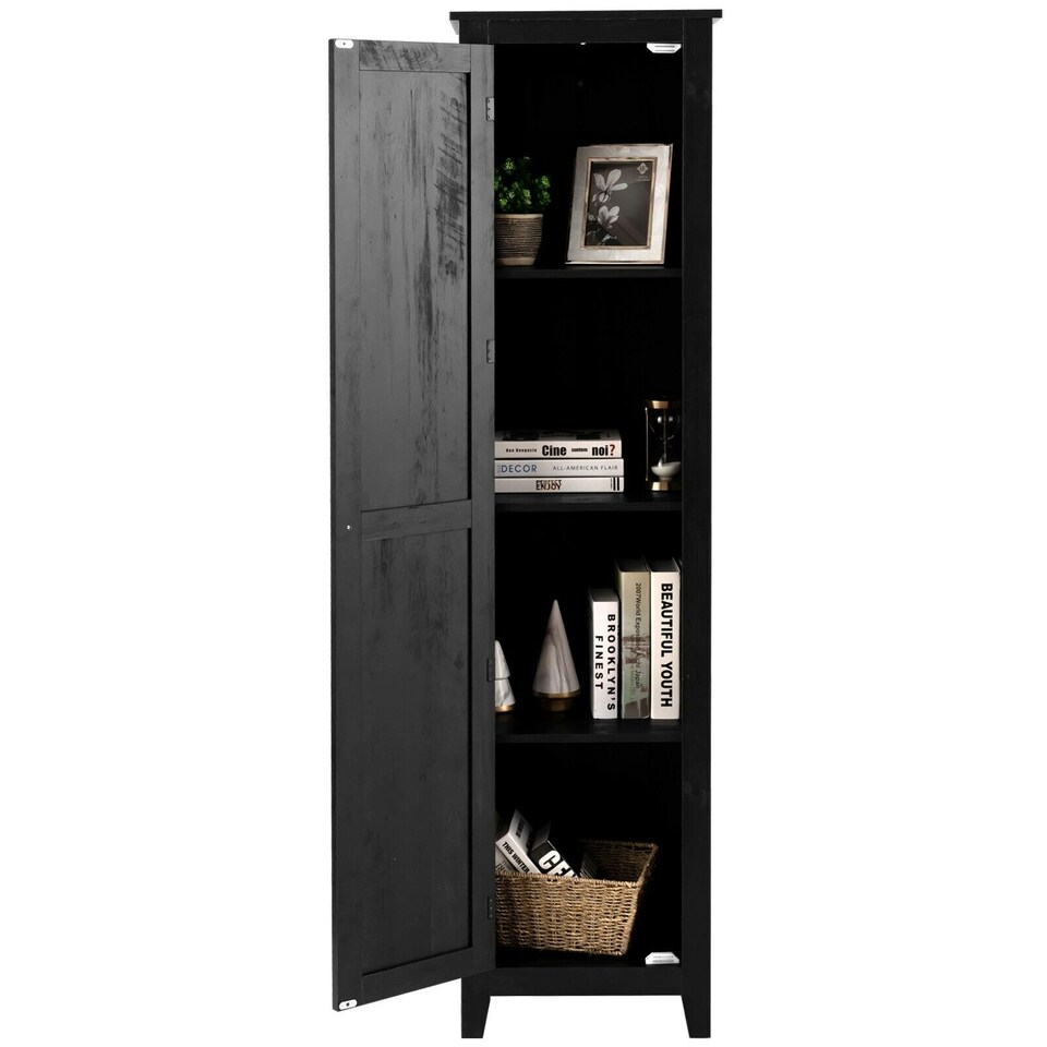 image 1 of COSTWAY Wood Tall Storage Cabinet 4 Tires Display Organizer Black