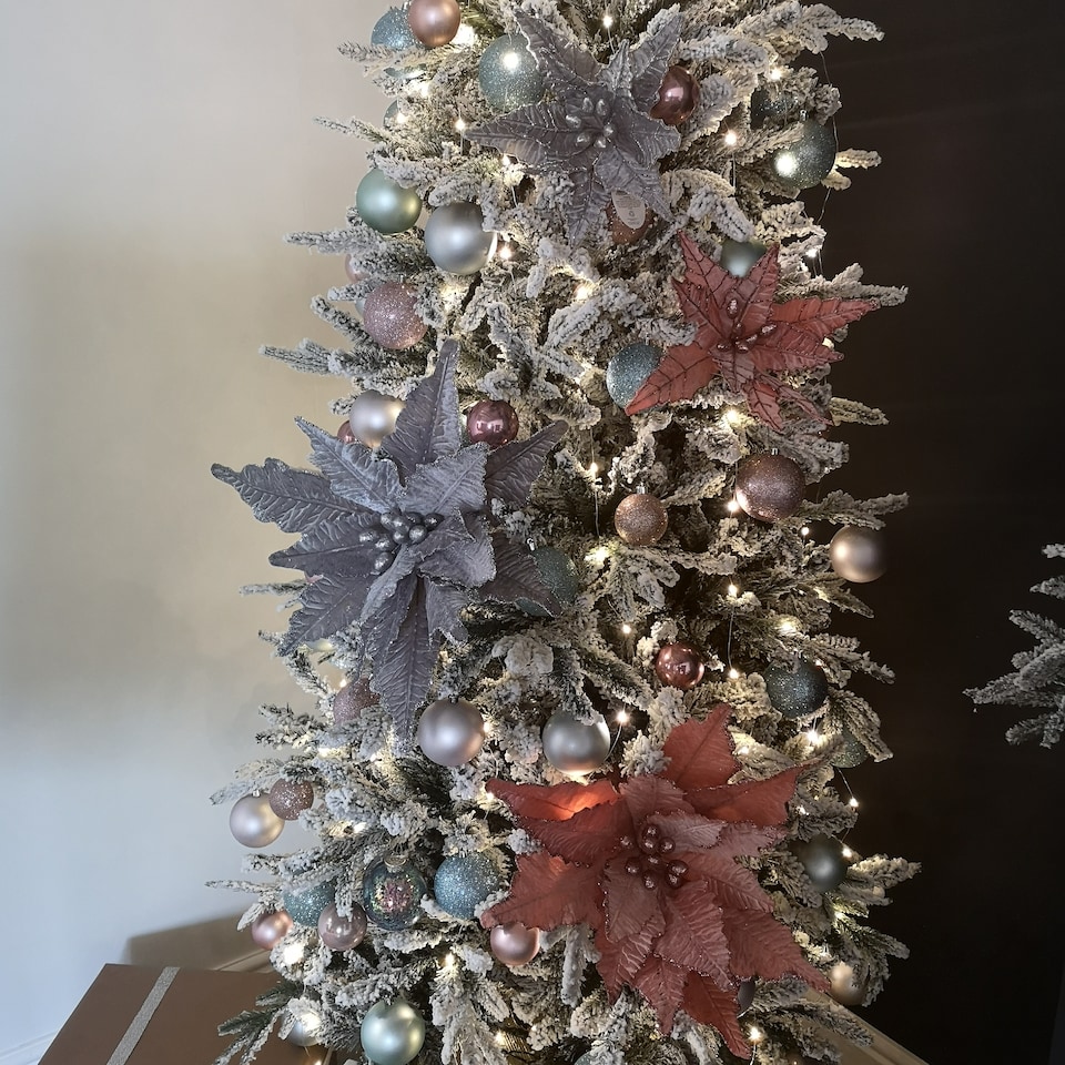 image 1 of 68cm Frosted Light Coral Pink Poinsettia Stem Christmas Decoration