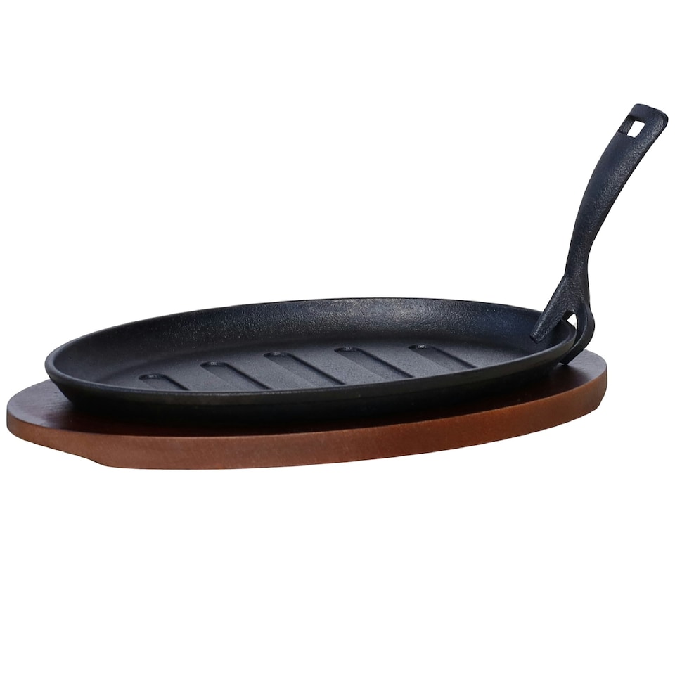 image 1 of Buckingham Pre-Seasoned Cast Sizzler Serving Dish with Wooden Base 28cm x 18cm