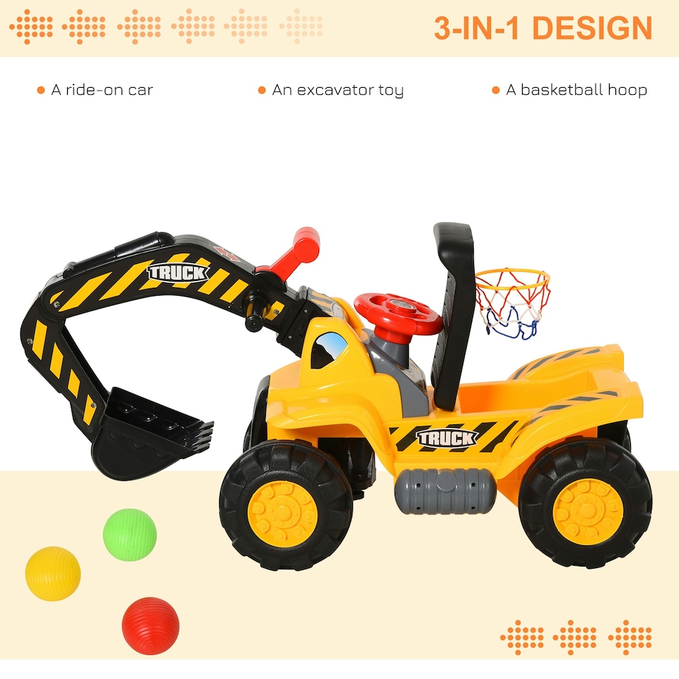image 1 of HOMCOM 3 in 1 Kids Ride-On Tractor Excavator w/ Storage Basketball Hoop