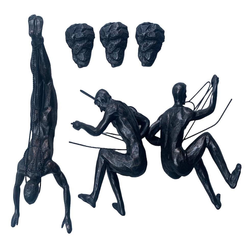 image 1 of Large x3 Bronze Colour Climbing Men With Nail Caps Wall Hanging Ornaments Art Installation Sculptures of Climber Figures on Realistic Metal Wires