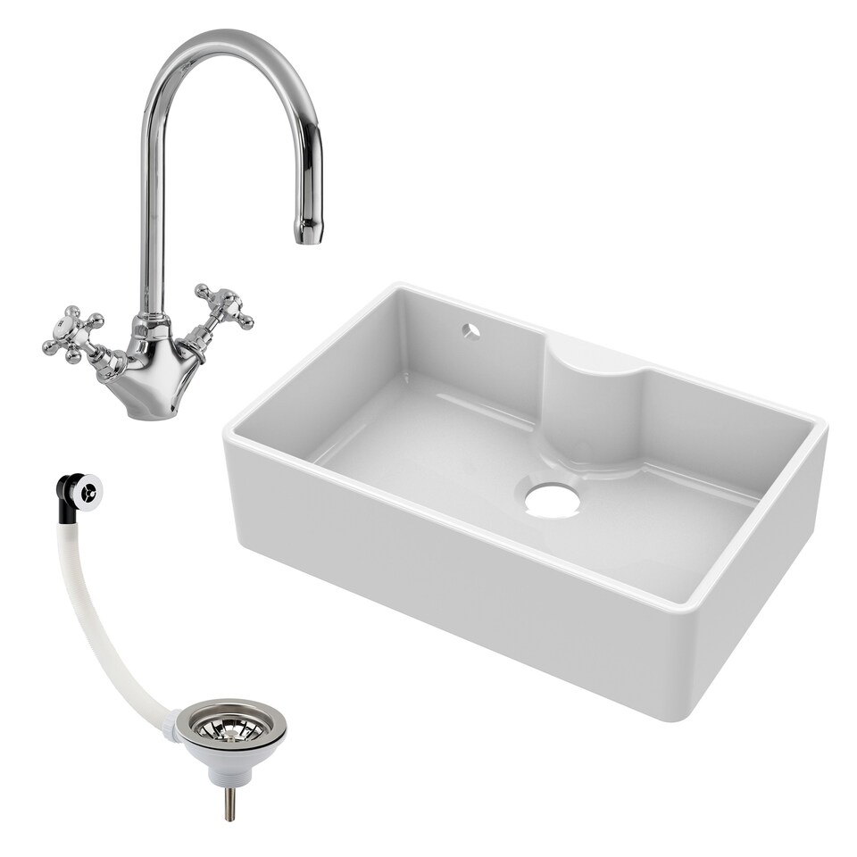 image 1 of 795mm - Single Bowl Fireclay Butler Kitchen Sink -  Tap Ledge, Tap & Waste