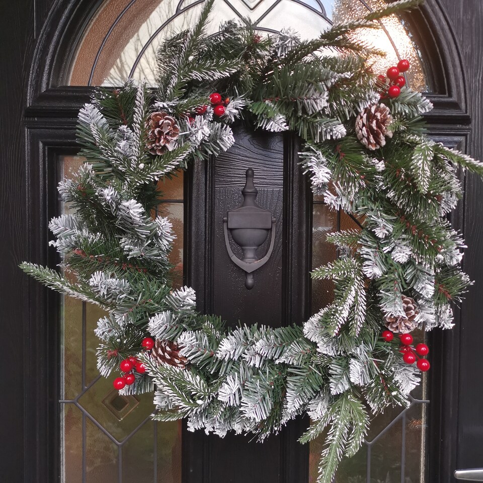 image 1 of 50cm Premier New Jersey Christmas Wreath PVC Snowy Tips With Festive Berries And Cone