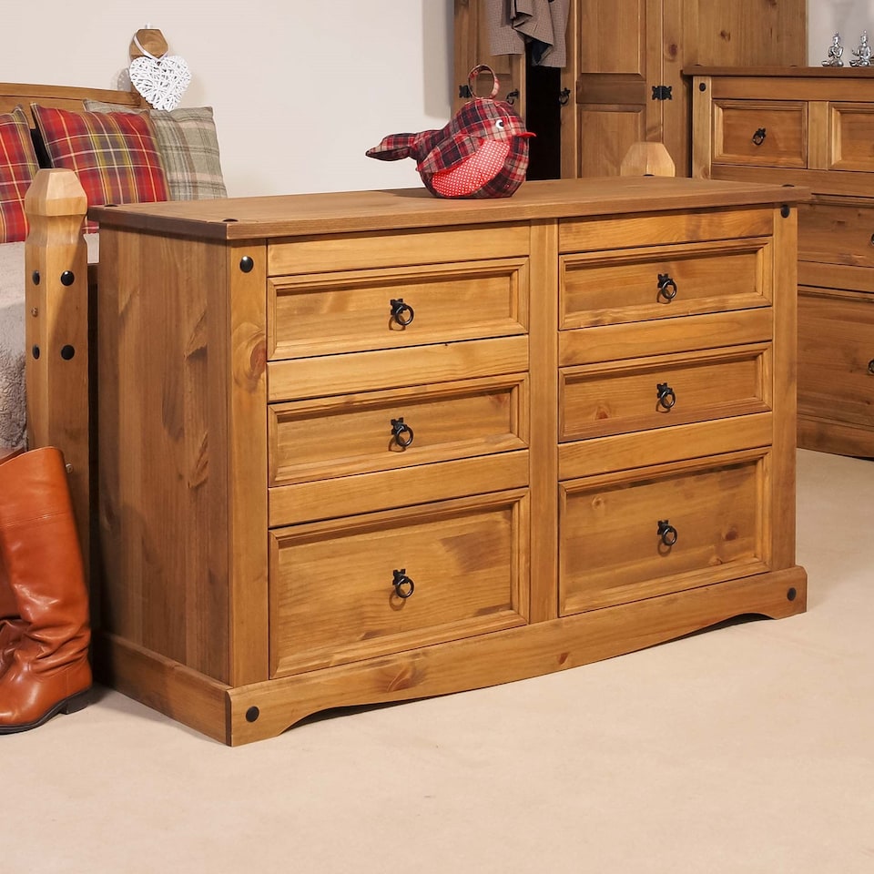 image 1 of Premium Corona 3+3 Drawer Wide Chest of Drawers - Classic Mexican Pine Bedroom Storage Cabinet | Brown | Brown | 1