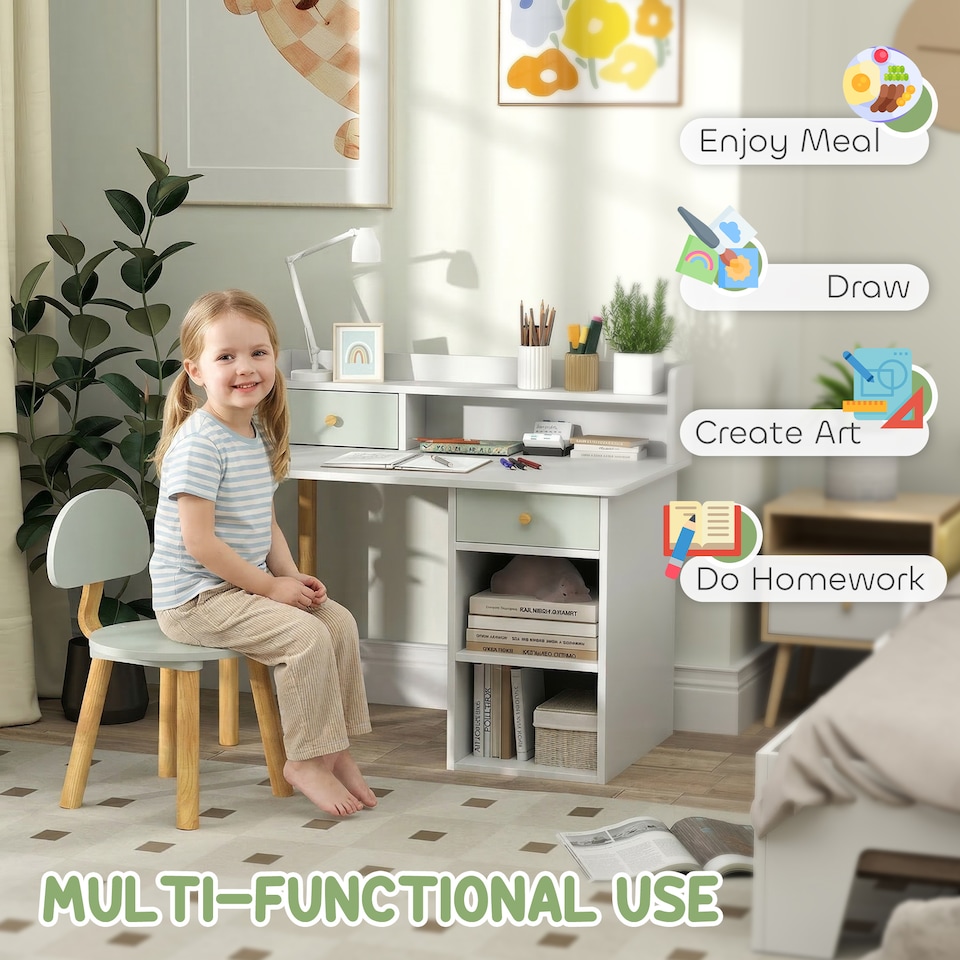 image 1 of AIYAPLAY Kids Desk and Chair Set for Studying, Reading, Drawing, Green