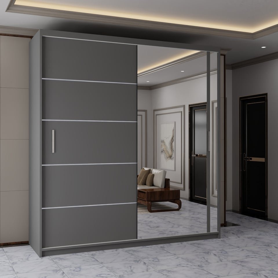 image 1 of Sliding Wardrobes 4u Modern Sliding Door Wardrobe with Full Mirror | 120cm, 150cm, 180cm and 203cm | White, Black, Grey & Oak | Grey | 203cm