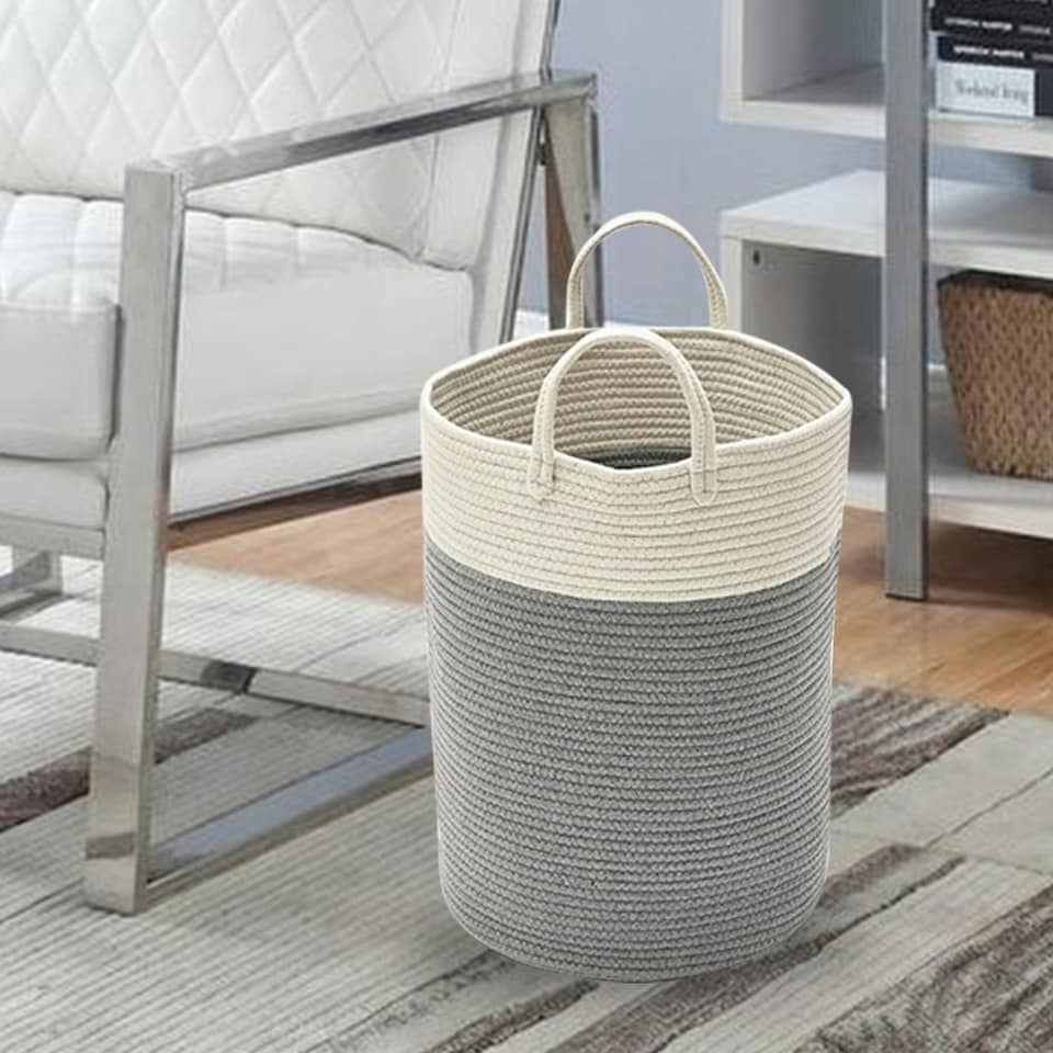 image 1 of Living and Home Woven Cotton Basket Storage Clothes Hamper Laundry Basket - Grey & White