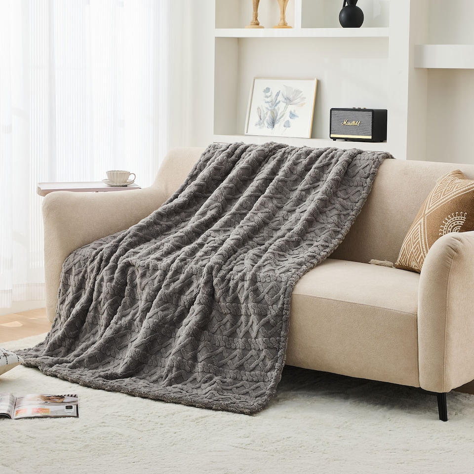 image 1 of Neo Electric Cable Knit Heated Throw Reversible Blanket Fleece Sherpa 9 Heat Settings Machine Washable | Grey | GREY | One Size | 1