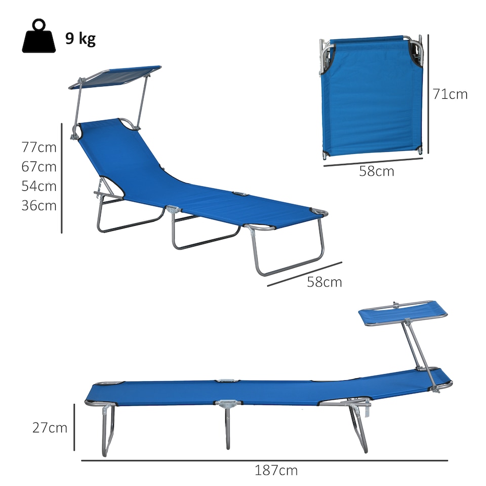 image 1 of Outsunny Folding Sun Lounger Set of 2 w/ Sunshade Adjustable Backrest Blue