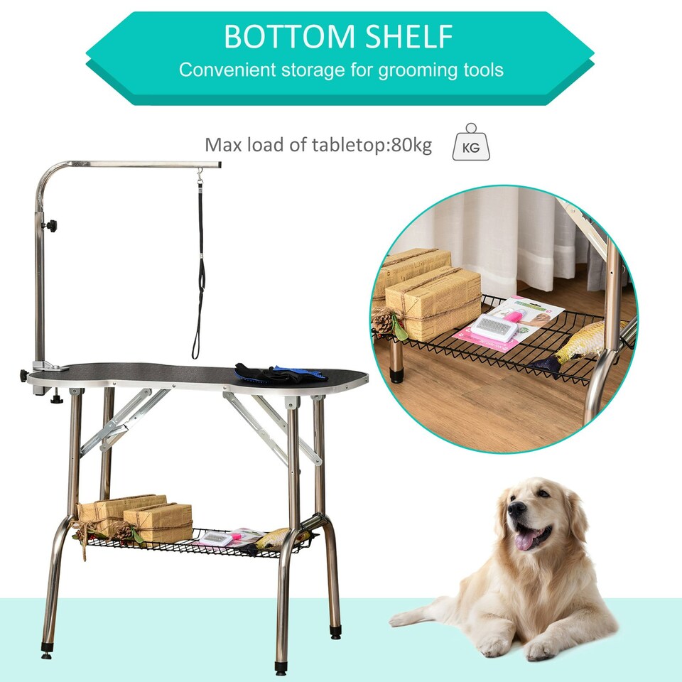 image 1 of PawHut Pet Foldable Grooming Table w/ Adjustable Arm Non-Slip Tabletop Leash