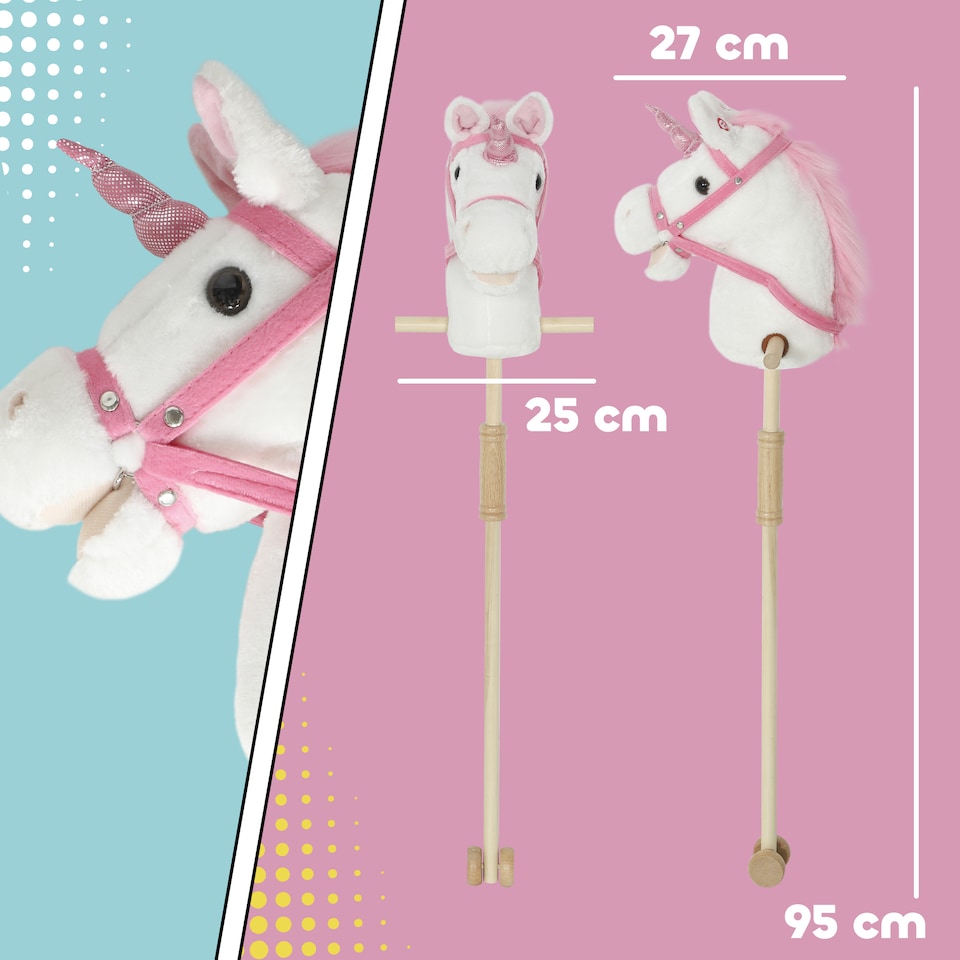 image 1 of AIYAPLAY Stick Horse w Wood Wheels, Pony Neighing, Galloping Sounds White