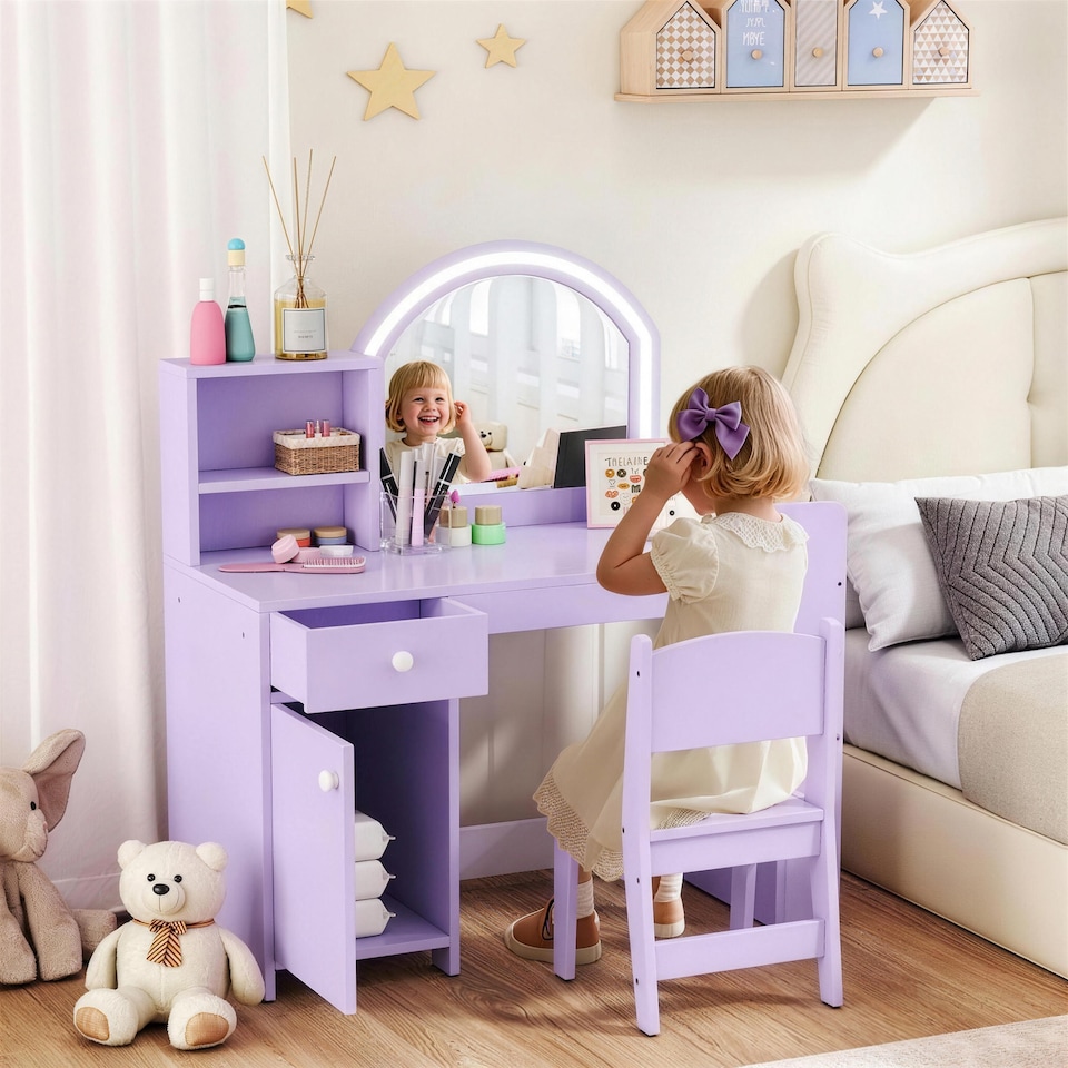 image 1 of AIYAPLAY Girls Dressing Table with 2-Colour LED Mirror and Stool, Purple