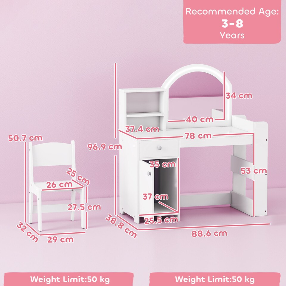 image 1 of AIYAPLAY Girls Dressing Table with 2-Colour LED Mirror and Stool, White | White