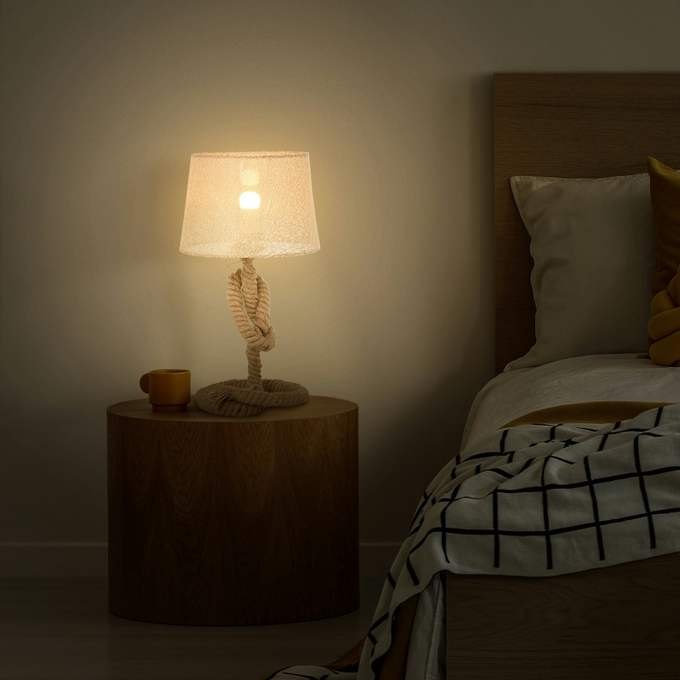 image 1 of HOMCOM Nautical Style Rope-Base Table Lamp w/ Fabric Lampshade Metal Frame Beige