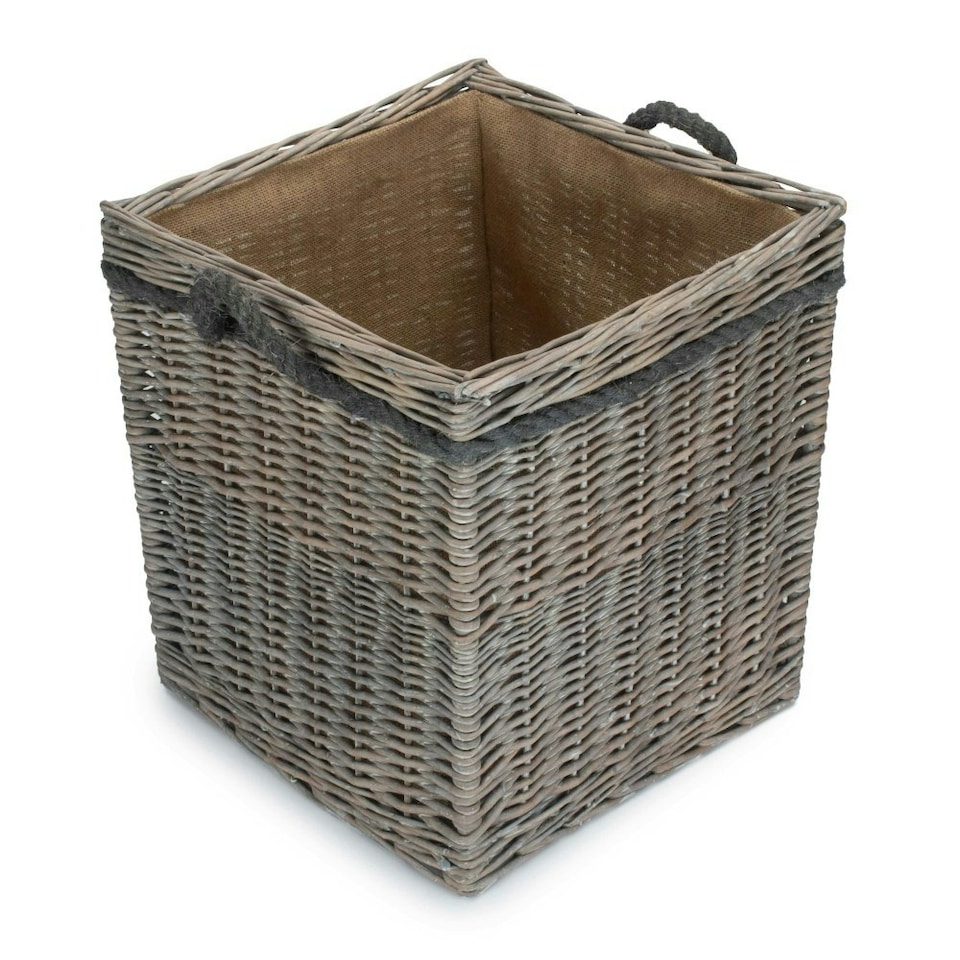 image 1 of Small Wicker Grey Wash Square Hessian Lined Log Basket