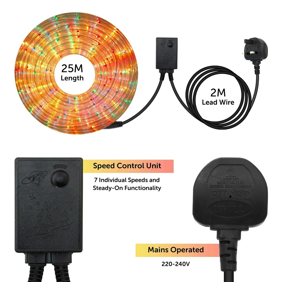 image 1 of The Christmas Workshop 74870 25m Multi-Coloured Rope Lights With Speed Control Unit