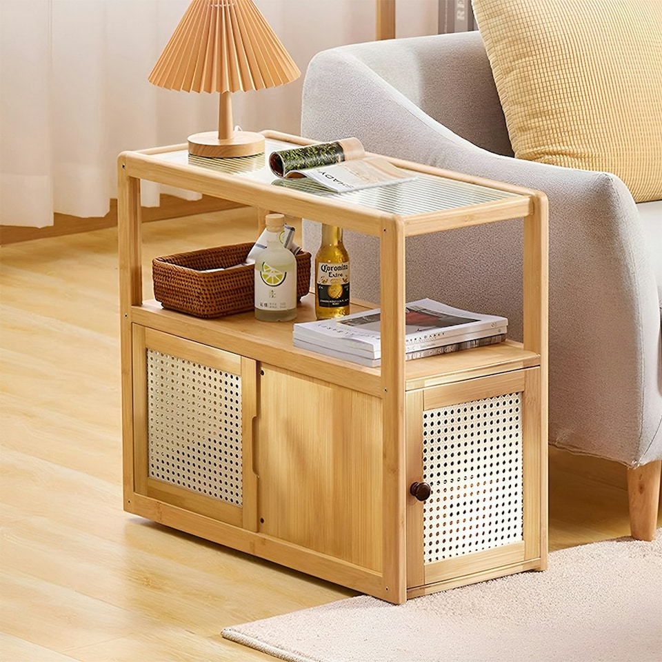 image 1 of Living and Home Wooden Glass Side Table with Wheels